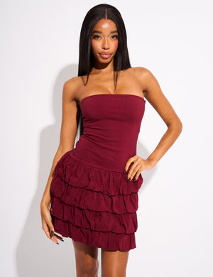 Bubble Hem Bandeau Mini Dress Burgundy | Public Desire Bubble Hem Bandeau Mini Dress Burgundy | Public Desire