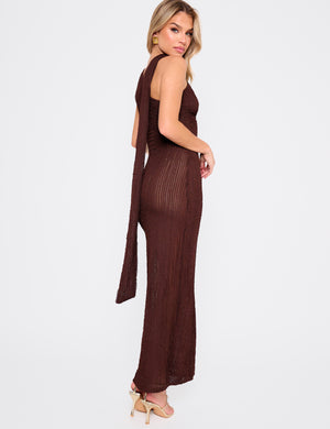 Textured Scarf Detail Cut Out Maxi Dress Chocolate