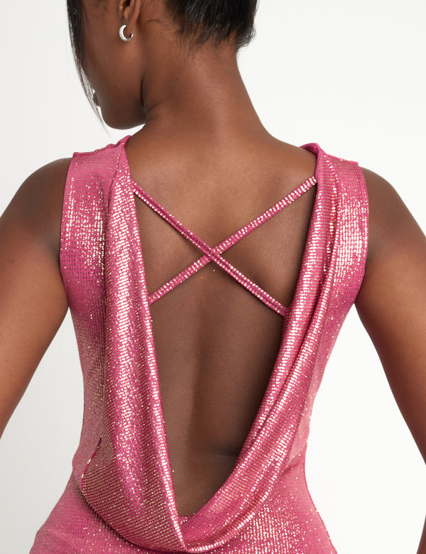 Cowl Drape Back Sequin Mini Dress Hot Pink