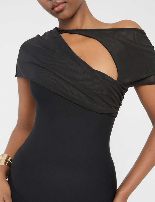 Mesh Sleeve Slinky Cut Out Mini Dress Black