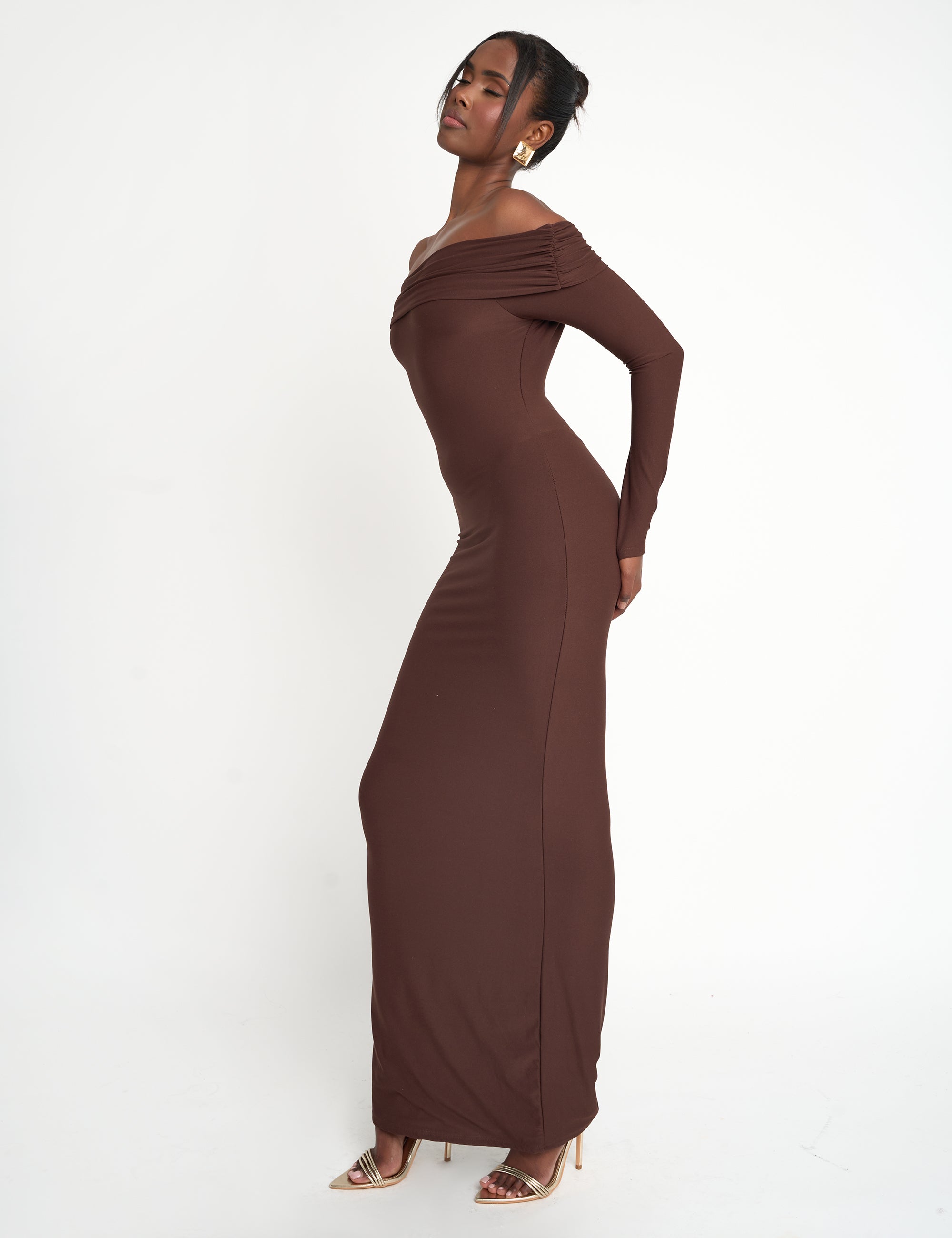 Slinky Bardot Maxi Dress Brown | Public Desire Slinky Bardot Maxi Dress Brown | Public Desire
