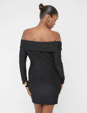 Off The Shoulder Luxe Slinky Mini Dress Black