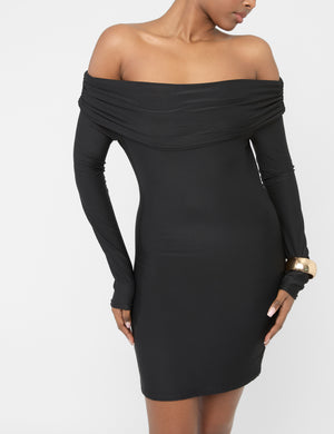 Off The Shoulder Luxe Slinky Mini Dress Black
