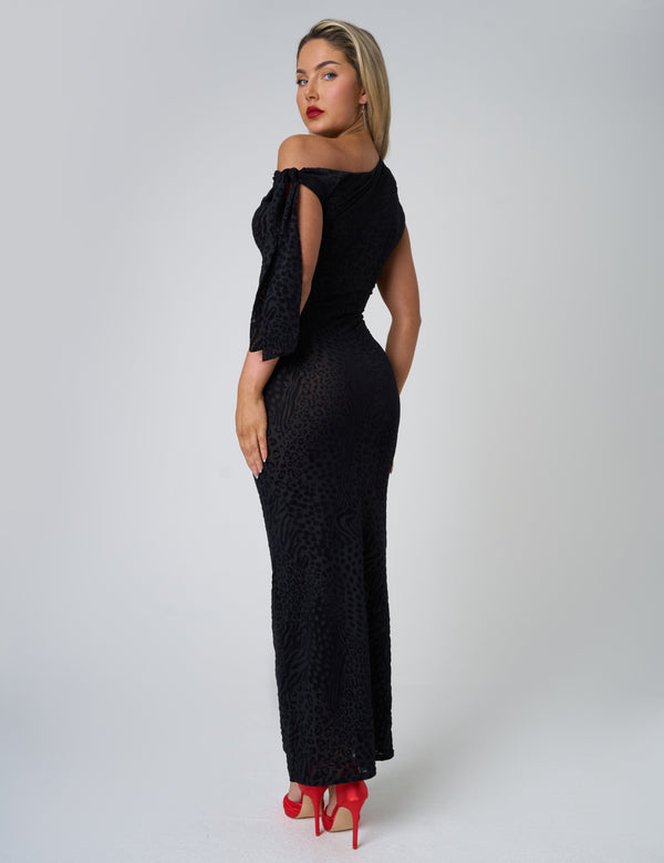 Knot Detail Asymmetric One Shoulder Maxi Dress Devore Leopard Black