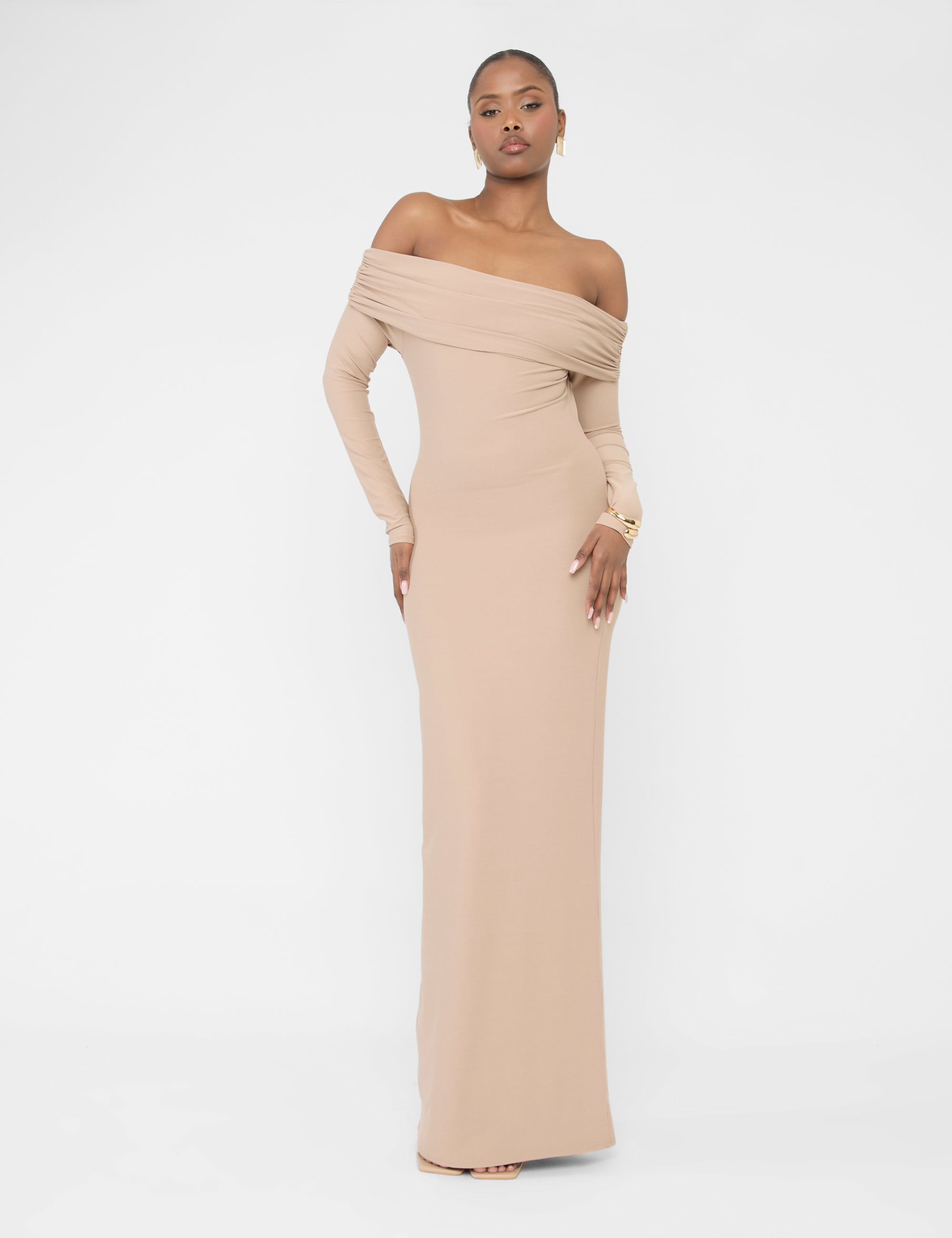 Slinky Bardot Maxi Dress Latte | Public Desire Slinky Bardot Maxi Dress Latte | Public Desire