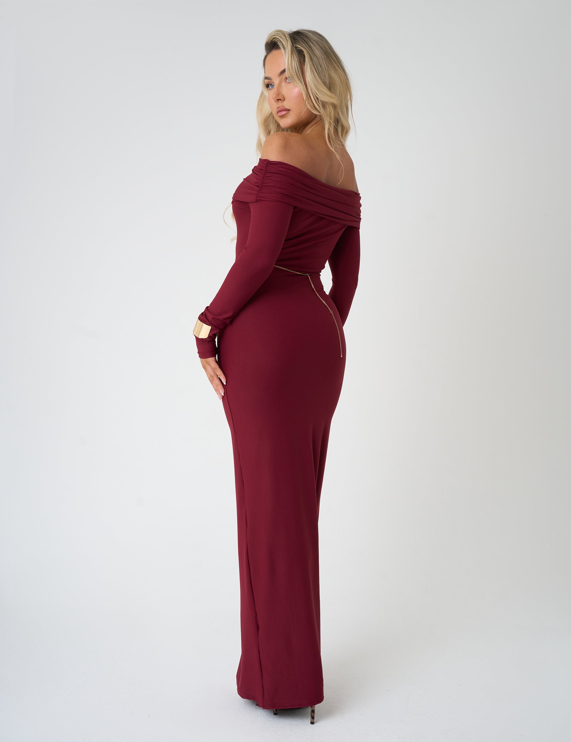 Slinky Bardot Maxi Dress Burgundy | Public Desire