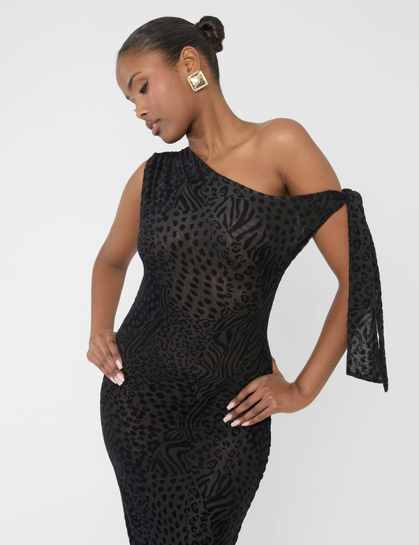 Knot Detail Asymmetric One Shoulder Maxi Dress Devore Leopard Black
