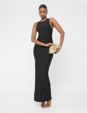 Cross Over Back Detail Luxe Slinky Maxi Dress Black