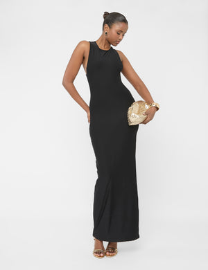 Cross Over Back Detail Luxe Slinky Maxi Dress Black