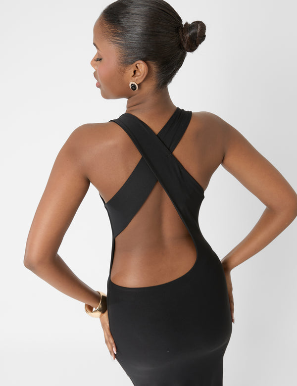 Cross Over Back Detail Luxe Slinky Maxi Dress Black