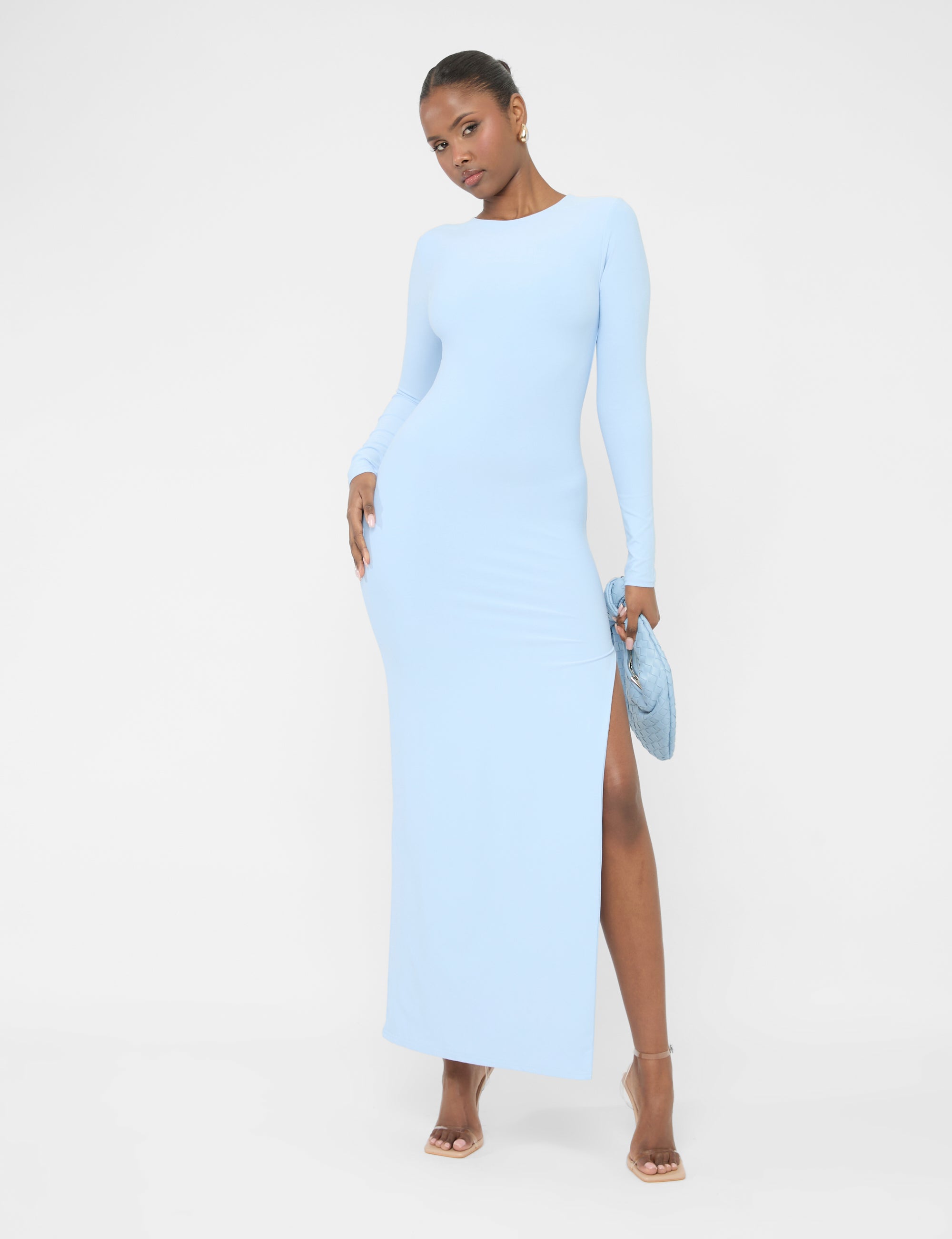 Long Sleeve Side Leg Split Maxi Dress Blue | Public Desire Long Sleeve Side Leg Split Maxi Dress Blue | Public Desire