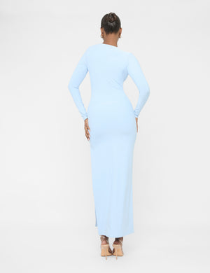 Long Sleeve Side Leg Split Luxe Slinky Maxi Dress Blue