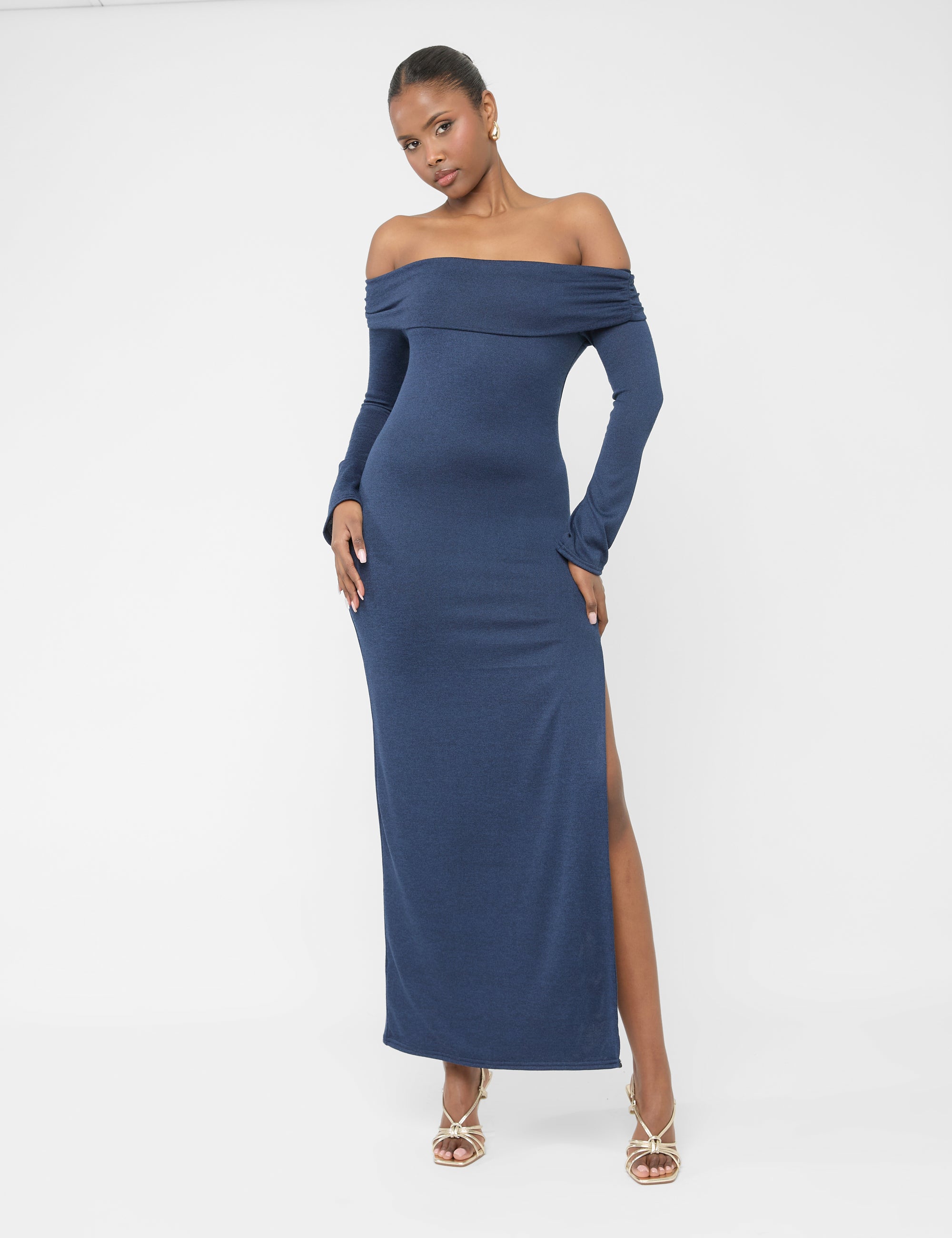 Long Sleeve off the Shoulder Bardot Maxi Dress Navy