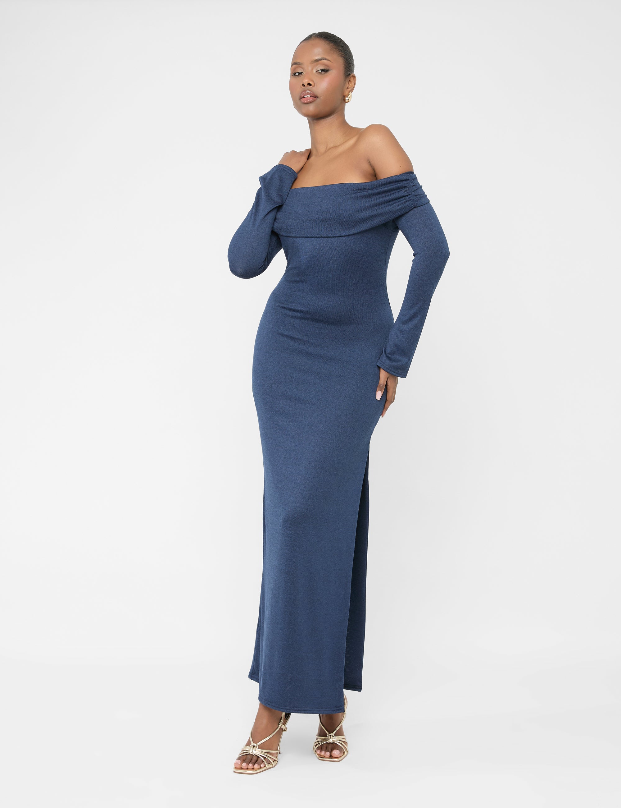 Long Sleeve off the Shoulder Bardot Maxi Dress Navy | Public Desire Long Sleeve off the Shoulder Bardot Maxi Dress Navy | Public Desire