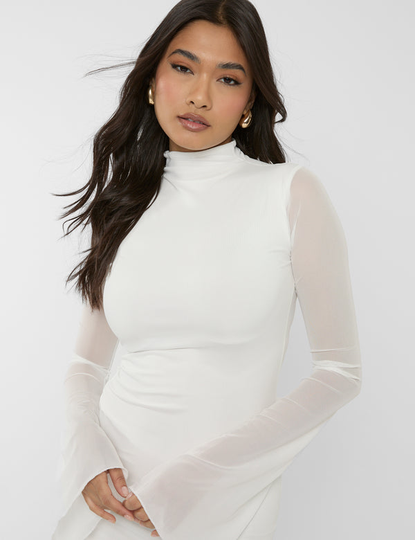 Mesh High Neck Long Sleeve Mini Dress White