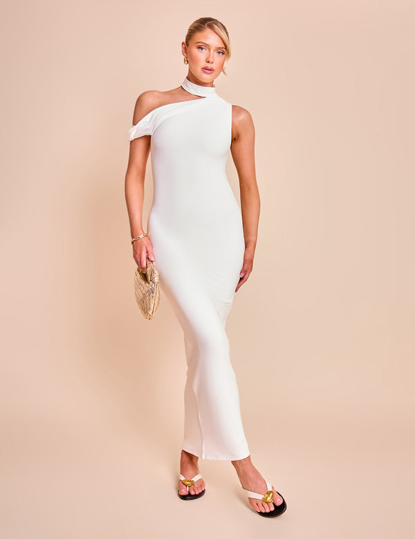 Asymmetric One Shoulder Choker Detail Luxe Slinky Midi Dress White