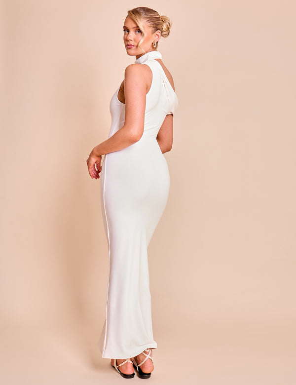 Asymmetric One Shoulder Choker Detail Luxe Slinky Midi Dress White