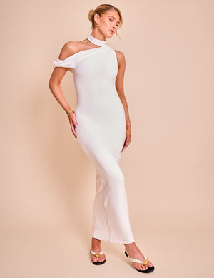 Asymmetric One Shoulder Choker Detail Luxe Slinky Midi Dress White