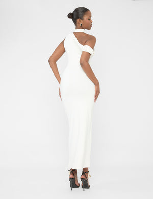 Asymmetric One Shoulder Choker Detail Luxe Slinky Midi Dress White
