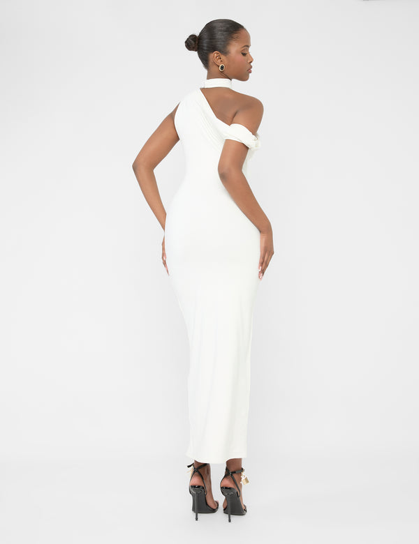 Asymmetric One Shoulder Choker Detail Luxe Slinky Midi Dress White