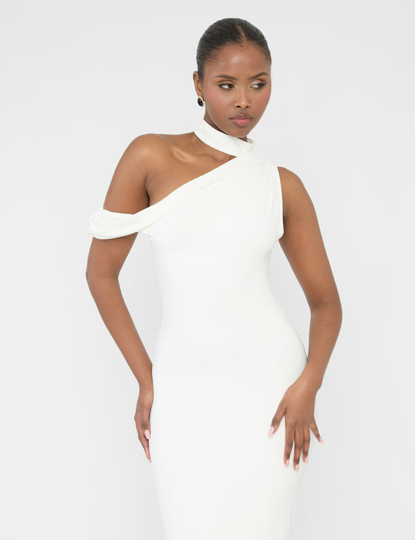 Asymmetric One Shoulder Choker Detail Luxe Slinky Midi Dress White