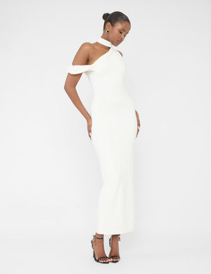 Asymmetric One Shoulder Choker Detail Luxe Slinky Midi Dress White