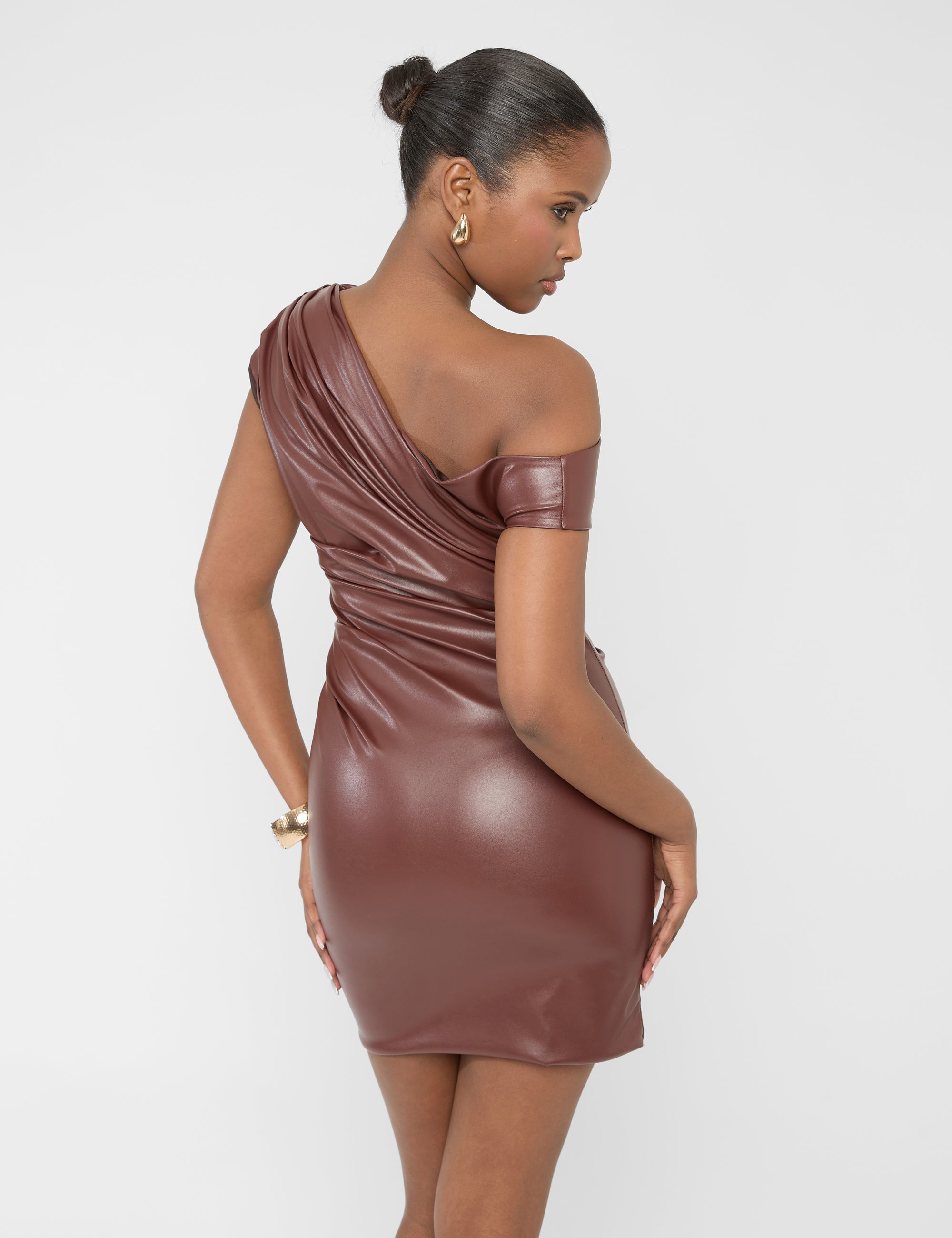 One Shoulder Ruched Detail Faux Leather Mini Dress Brown | Public Desire One Shoulder Ruched Detail Faux Leather Mini Dress Brown | Public Desire