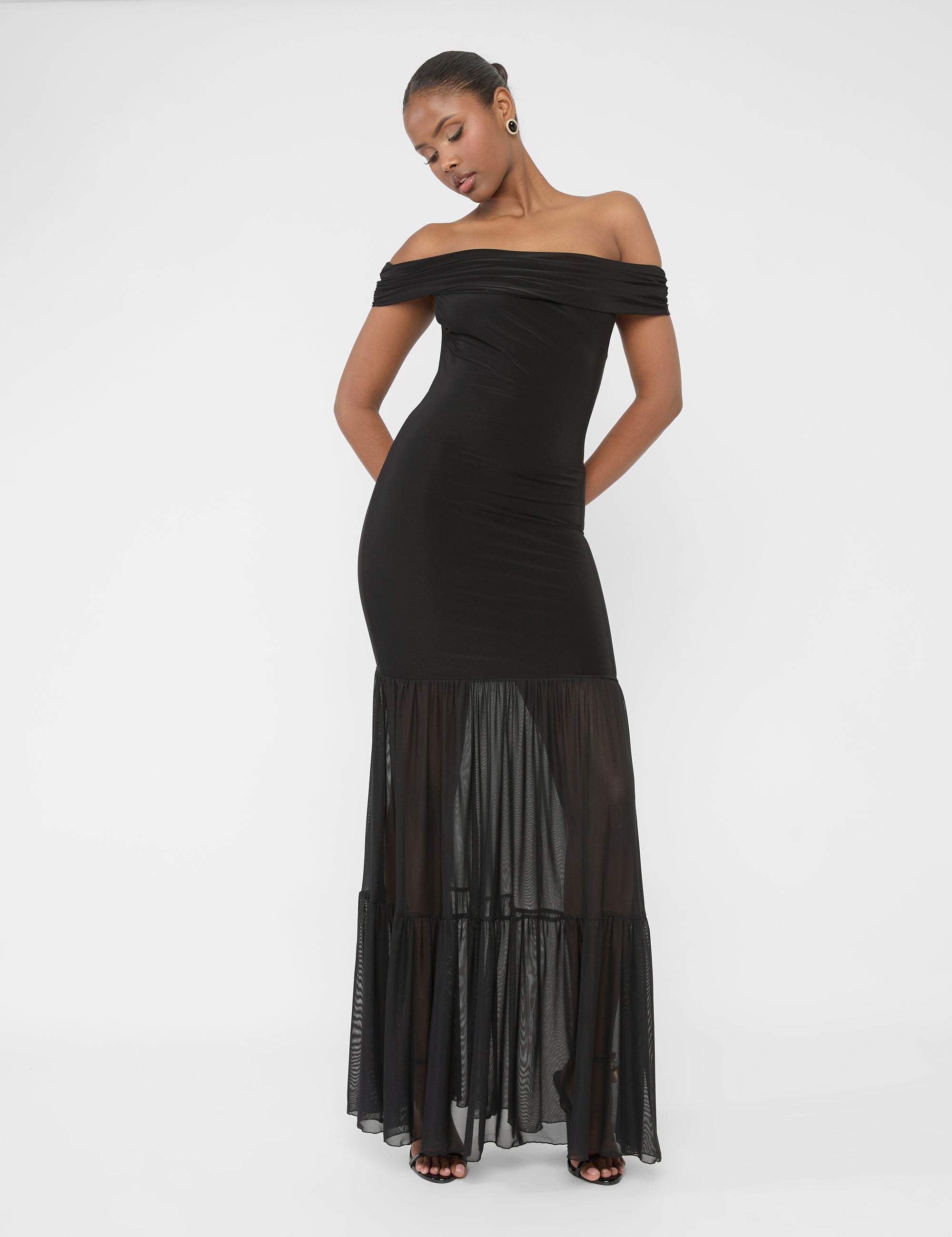 Bardot Fold Over Slinky Mesh Hem Maxi Dress Black | Public Desire Bardot Fold Over Slinky Mesh Hem Maxi Dress Black | Public Desire