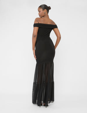 Slinky Bardot Fold Over Mesh Hem Maxi Dress Black