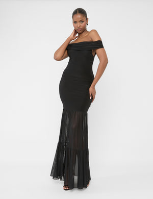 Slinky Bardot Fold Over Mesh Hem Maxi Dress Black