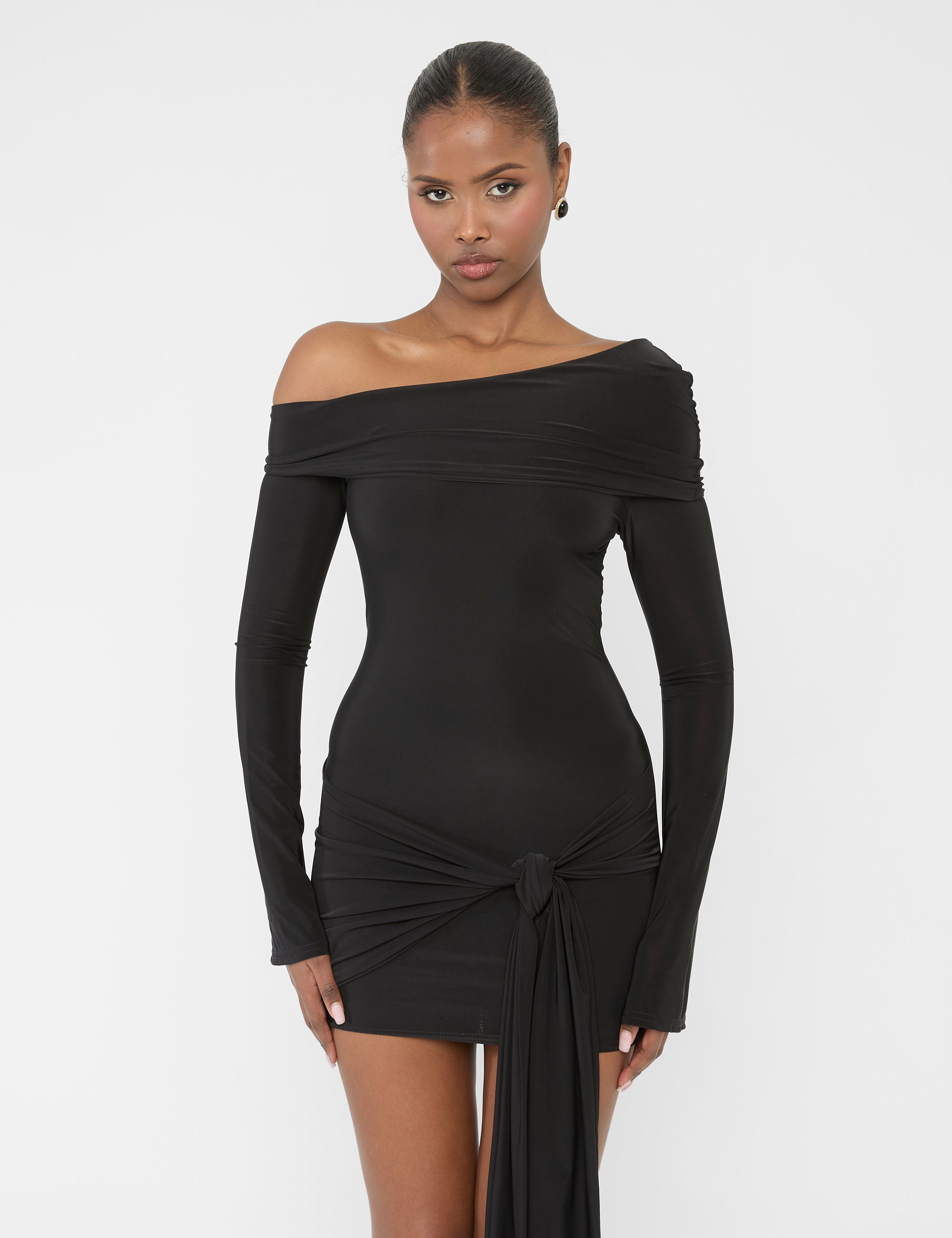 Long Sleeve Knot Drape Detail Slinky Mini Dress Black | Public Desire Long Sleeve Knot Drape Detail Slinky Mini Dress Black | Public Desire