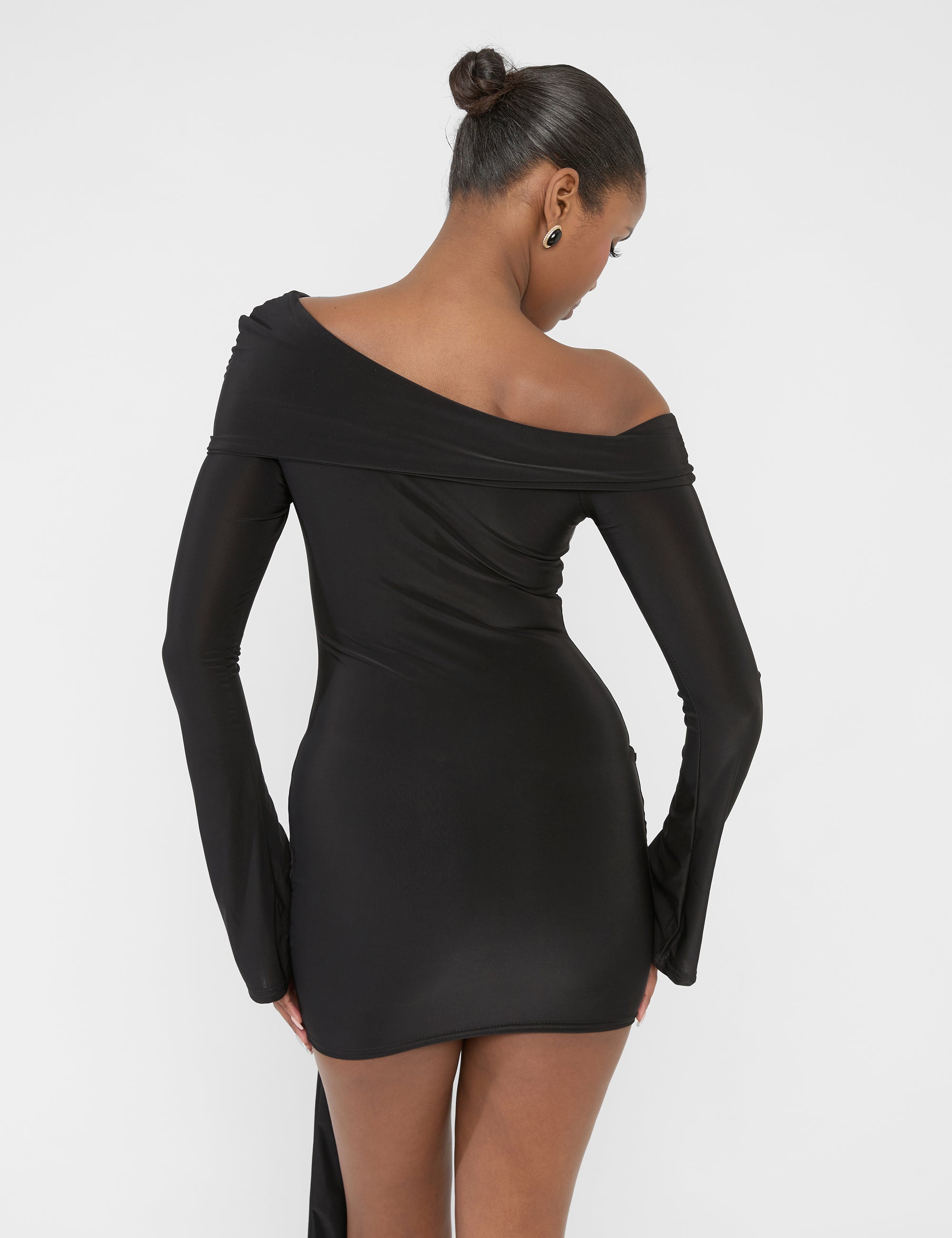 Long Sleeve Knot Drape Detail Slinky Mini Dress Black