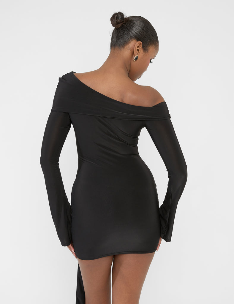 Long Sleeve Knot Drape Detail Slinky Mini Dress Black