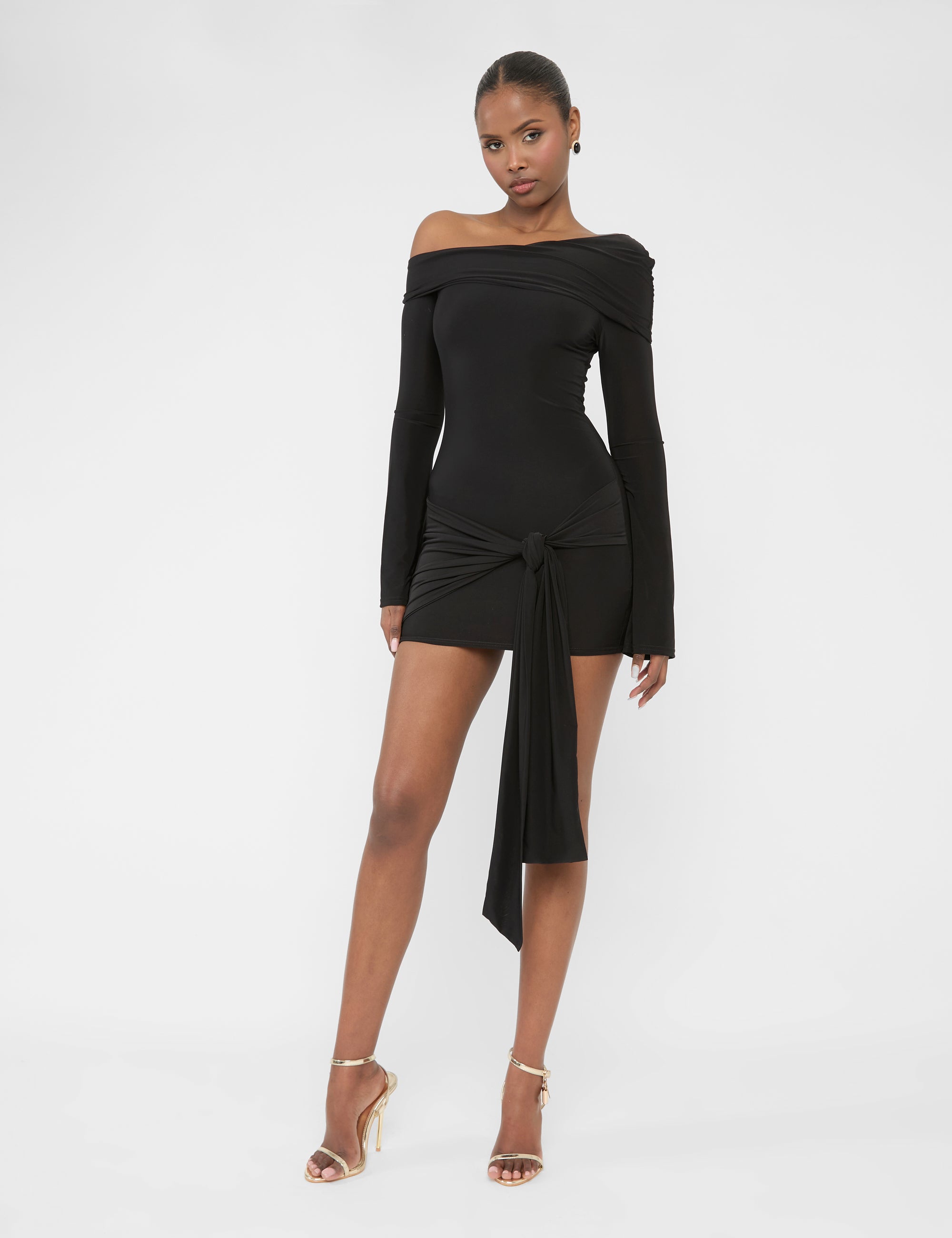 Long Sleeve Knot Drape Detail Slinky Mini Dress Black