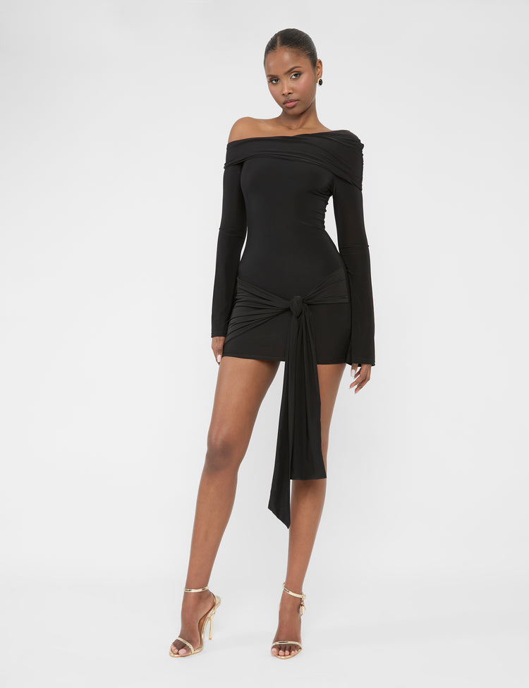 Pleated Drape Long Sleeve Mini Dress