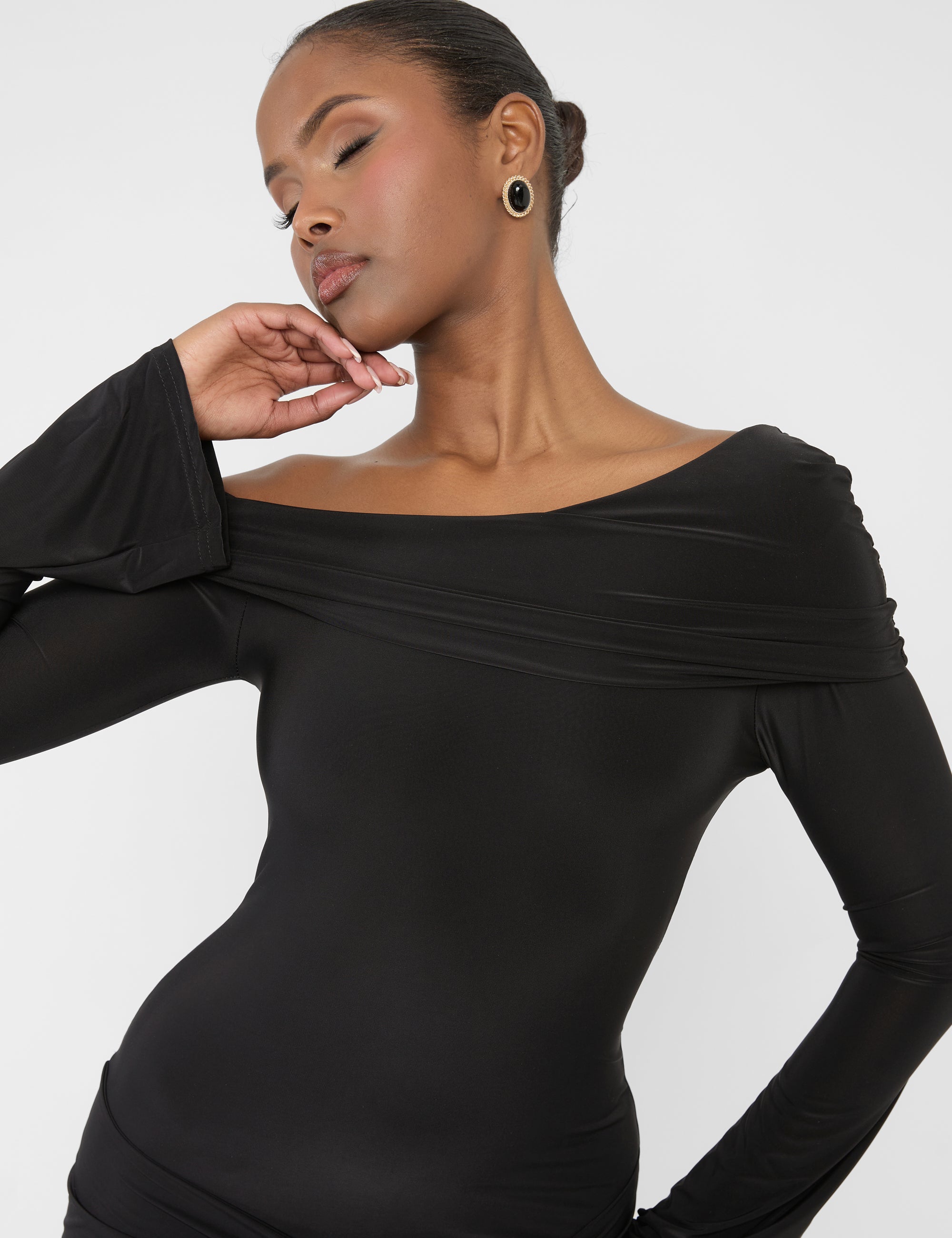 Long Sleeve Knot Drape Detail Slinky Mini Dress Black