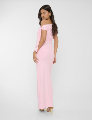 Knot Detail Asymmetric One Shoulder Luxe Slinky Maxi Dress Soft Pink