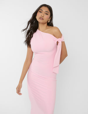 Knot Detail Asymmetric One Shoulder Luxe Slinky Maxi Dress Soft Pink