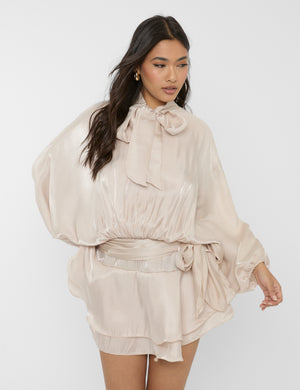 Long Sleeve Bow Detail Mini Dress Beige