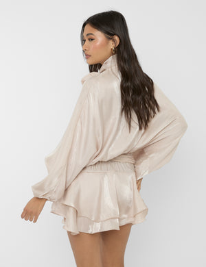 Long Sleeve Bow Detail Mini Dress Beige