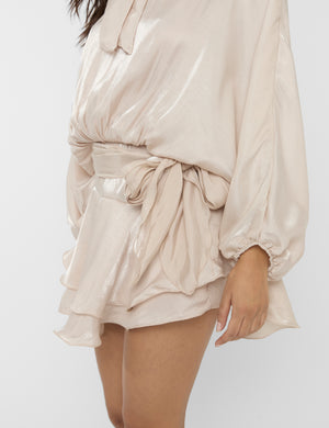 Long Sleeve Bow Detail Mini Dress Beige
