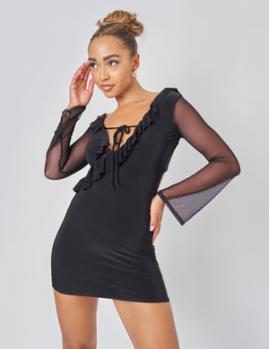 Public Desire Mesh Tie Front Mini Dress in Black