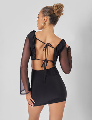 Public Desire Mesh Tie Front Mini Dress in Black