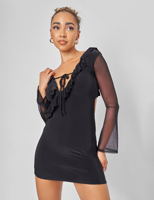 Public Desire Mesh Tie Front Mini Dress in Black