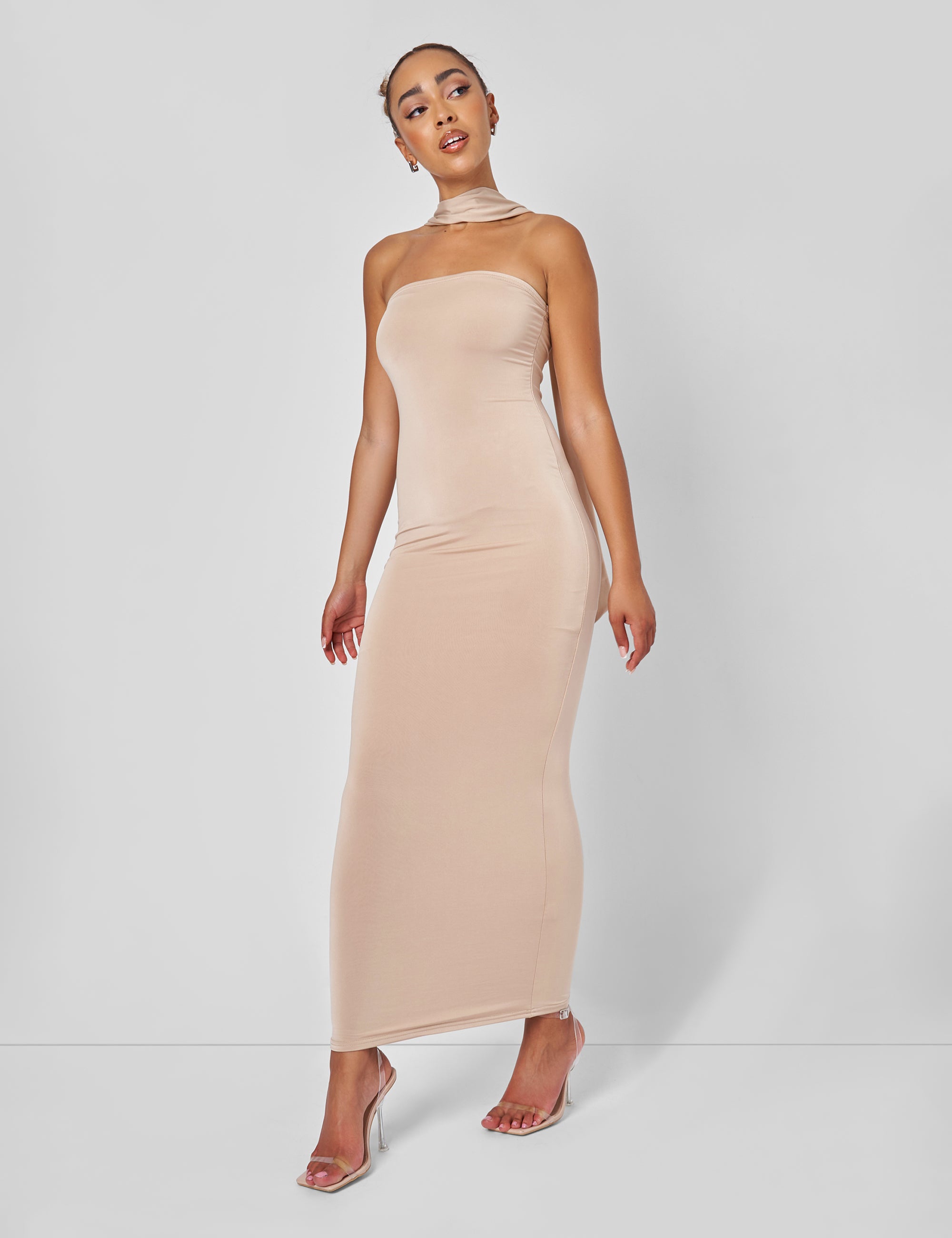 Bandeau Maxi Dress With Scarf Detail in Gold | Public Desire Bandeau Maxi Dress With Scarf Detail in Gold | Public Desire
