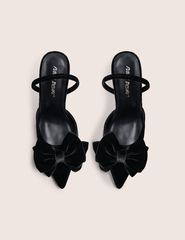 Pepper Black Velvet Bow Detail Slingback High Heels
