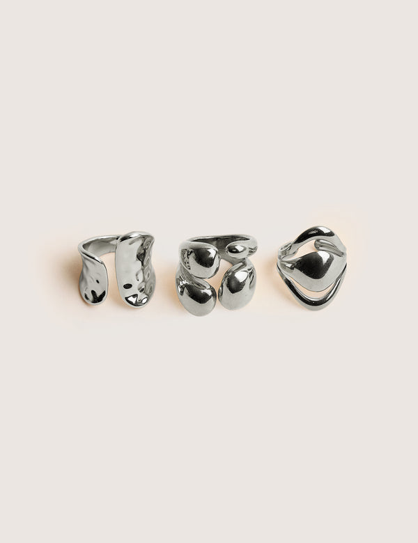 Chunky Abstract 3 Pack Classic Ring Stack Silver