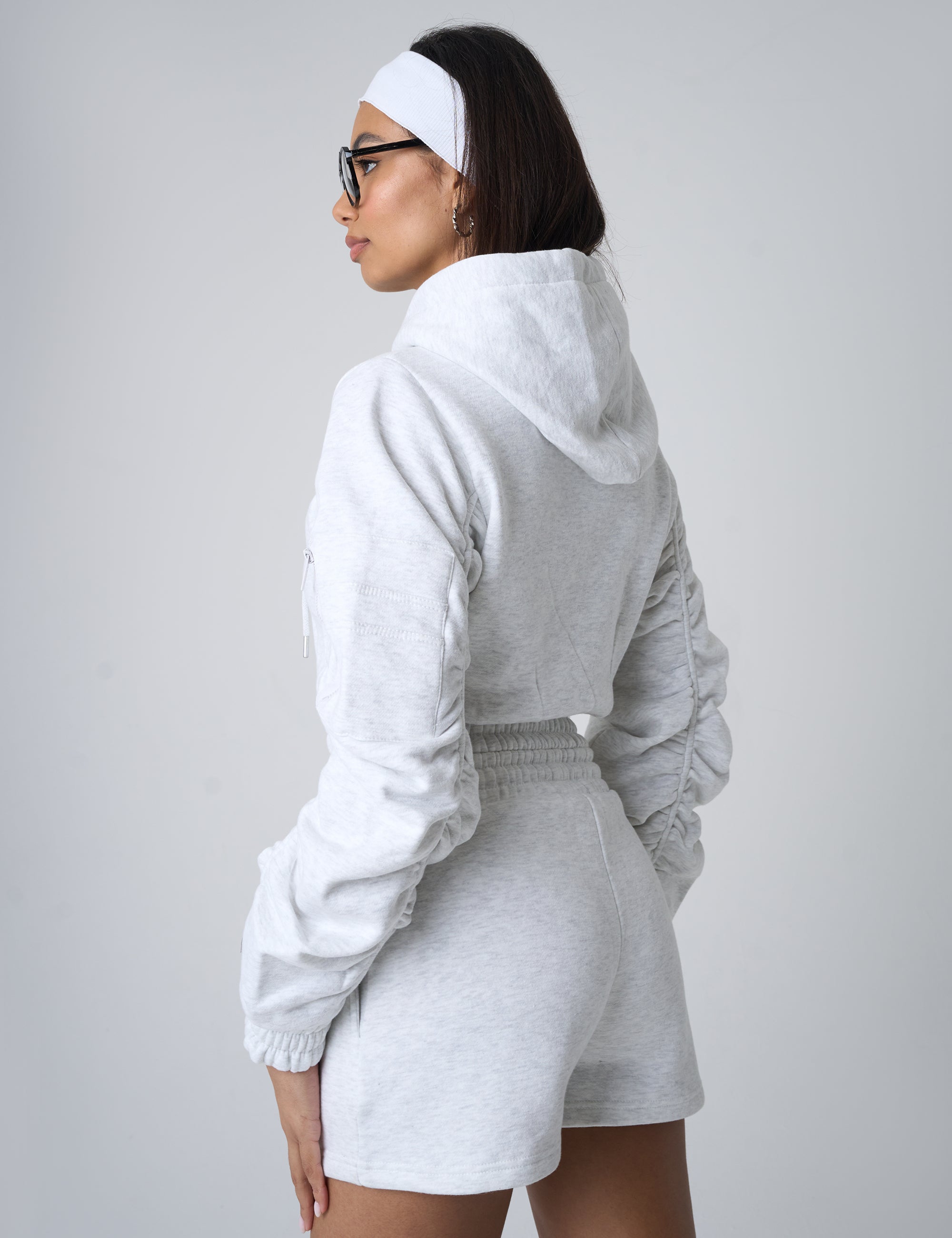 Cropped Zip Up Ruched Sleeve Hoodie Co-Ord Grey Marl | Public Desire