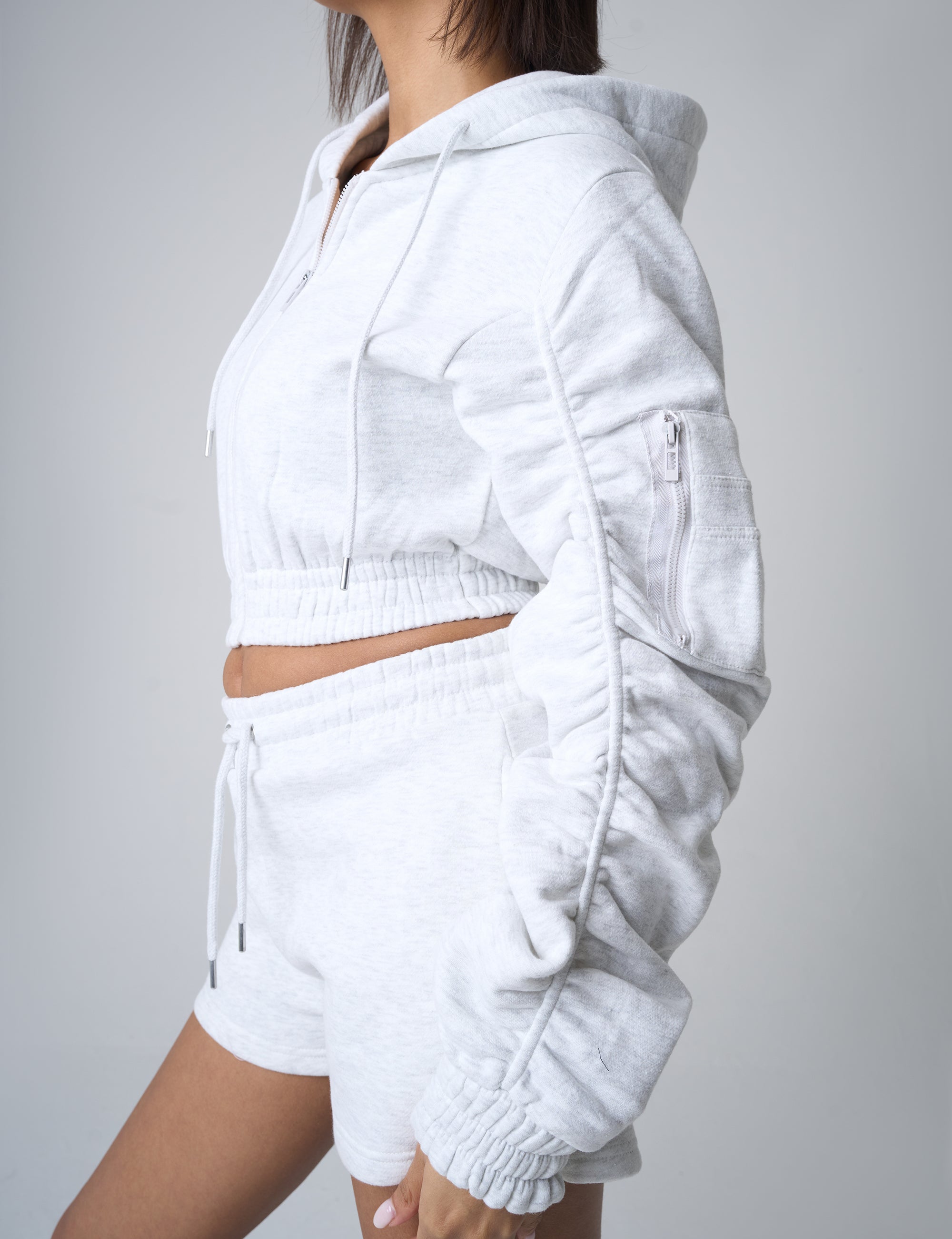Cropped Zip Up Ruched Sleeve Hoodie Co-Ord Grey Marl | Public Desire