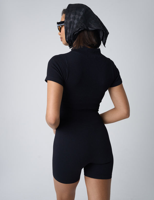 Ribbed Zip Up Unitard Black